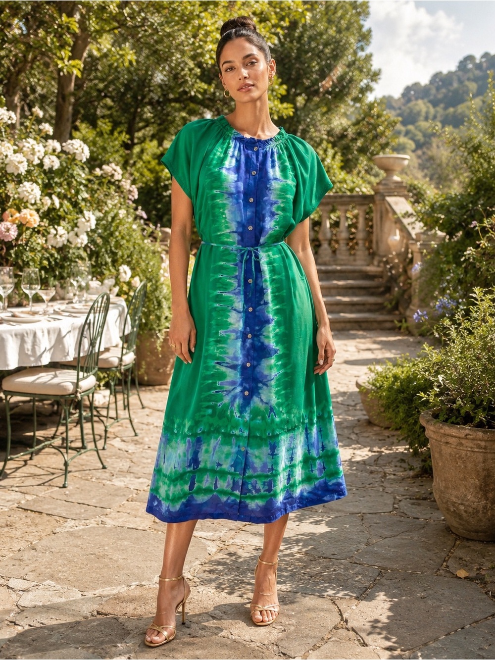 NEW Raquel Allegra Silk Hand Dyed Marceline Dress in Green and Blue, Size S